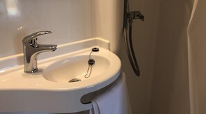 Un lavabo amb un aixeta cromada i un plat de dutxa portàtil.