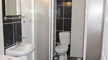 Shower, hair dryer, slippers, towels