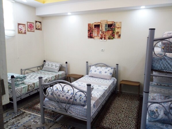 Un dormitorio con dos literas de metal, un tapete estampado y una pared decorada con motivos florales.