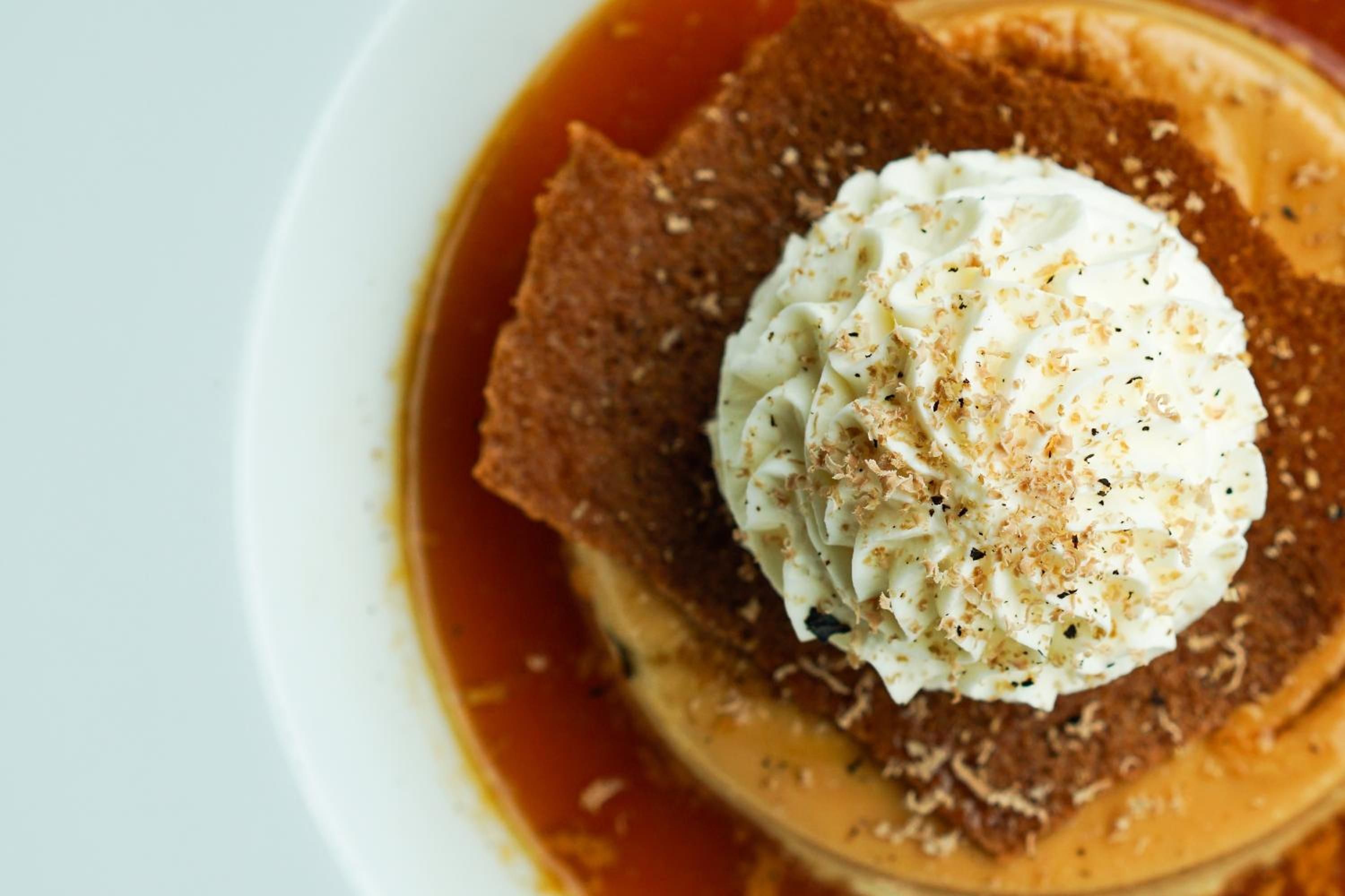 A dessert with whipped cream and a caramel-like sauce on a plate.