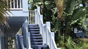 Un conjunto de escaleras exteriores con barandas blancas que conducen a la entrada de un edificio, rodeado de vegetación exuberante y una palmera pequeña.