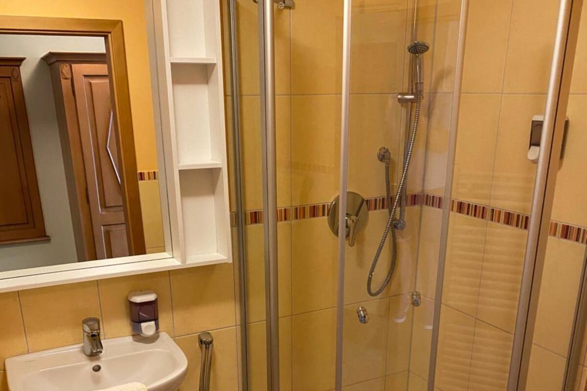 shower, bathrobes, towels