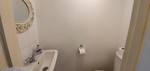 Un bagno con lavandino, carta igienica e uno specchio con cornice decorata.