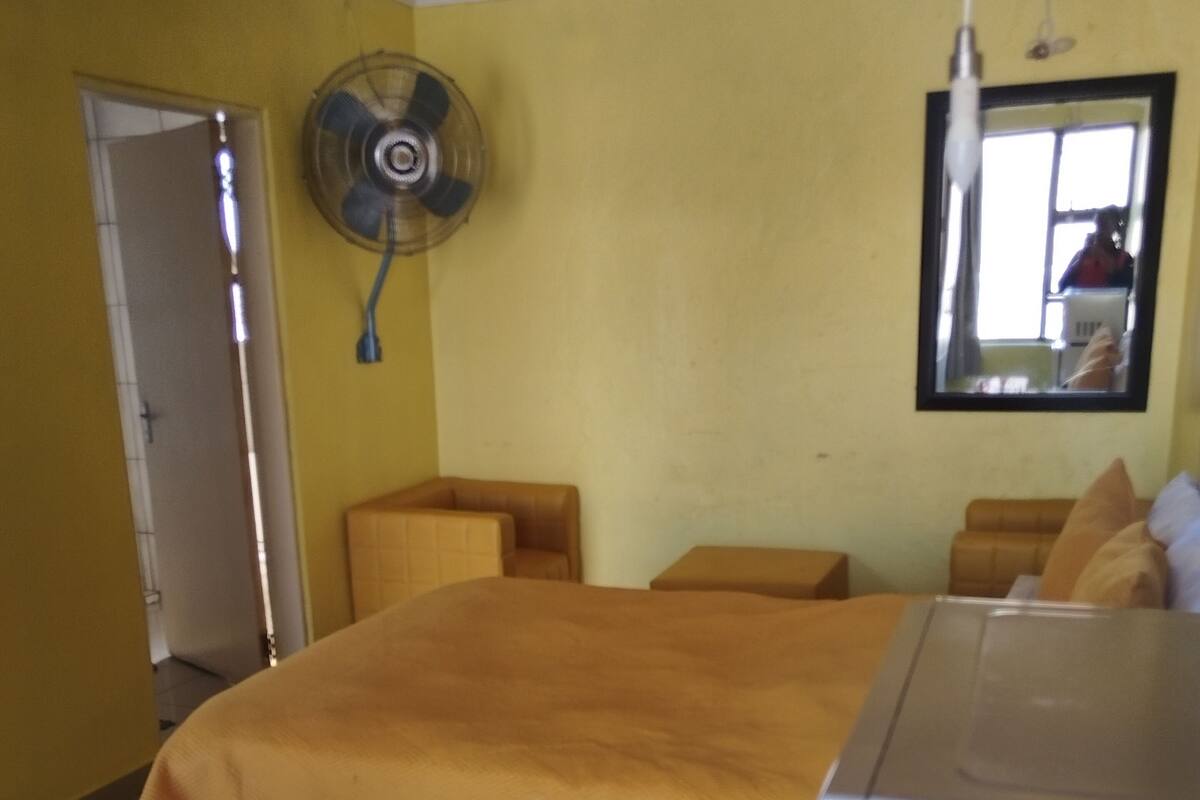 A hotel room with a bed, a washing machine, a fan, and a mirror.