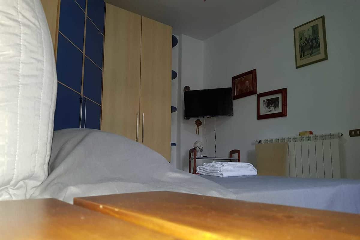 A hotel room with a bed, a wooden wardrobe, a television, and a radiator.
