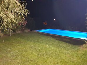 A swimming pool at night with surrounding grass and a tree.