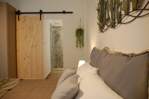 Una habitación con una cama, una puerta de madera, una planta colgante y una zona de ducha.