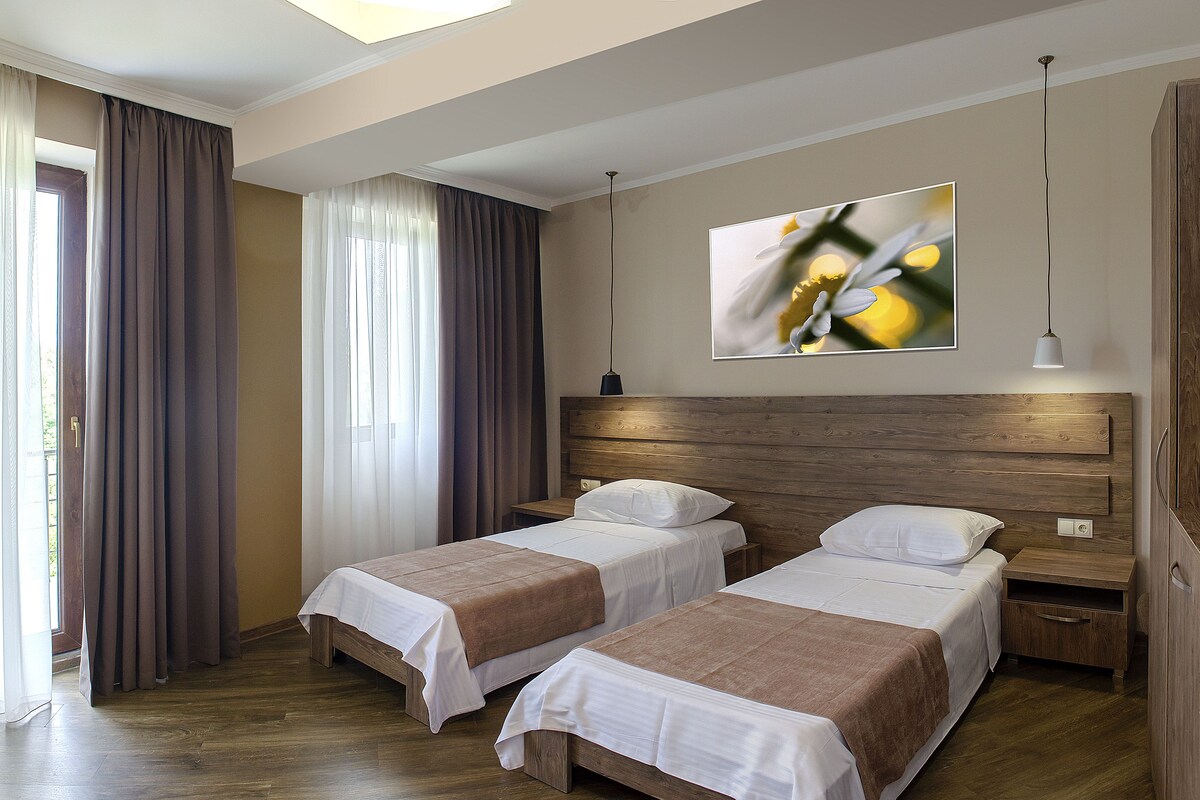 A hotel room with two single beds, wooden headboard, a large window with curtains, a wall-mounted abstract painting, and a bedside table with a lamp.