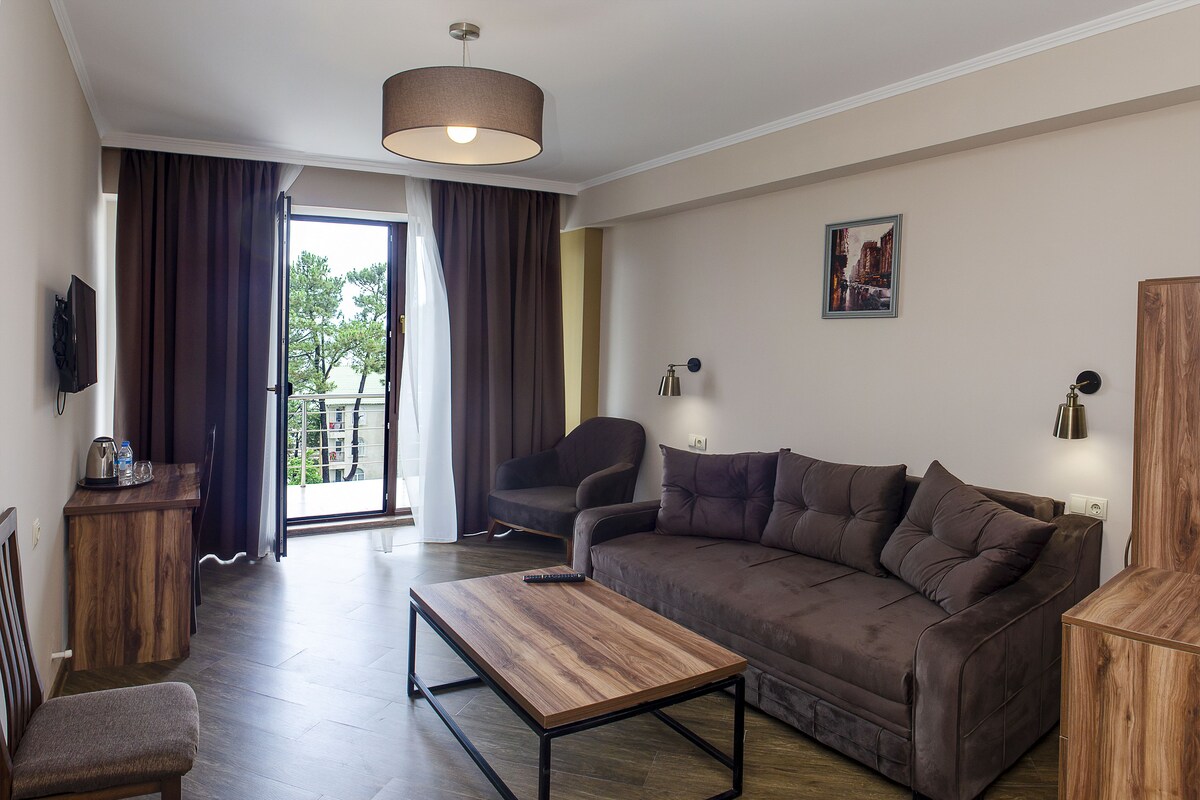 A modern living room with a sofa, a wooden coffee table, a chair, and a TV. There is a door leading to a balcony with curtains.