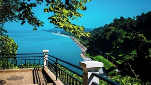 A coastal view from a stone staircase with a metal railing, overlooking a beach and dense greenery. - Batumi Real Lux (Batumi)