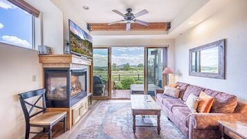 Smart TV, fireplace, video games, DVD player