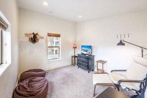 Smart TV, fireplace, video games, DVD player