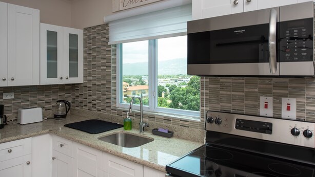 A modern kitchen with white cabinets, a stainless steel microwave, and a large window offering a city view.