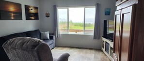 Un salon avec un canapé de couleur sombre, un téléviseur posé sur un meuble en bois et une grande fenêtre avec des rideaux.