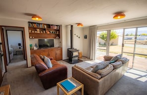 A cozy living room with a fireplace, leather sofas, a bookshelf, and a television. - Rejuvenate on Rata · Rejuvenate on Rata, Twizel FREE WIFI (Twizel)