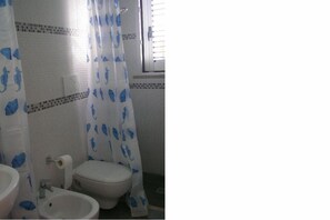 Chuveiro, secador de cabelo, bidê, toalhas de banho