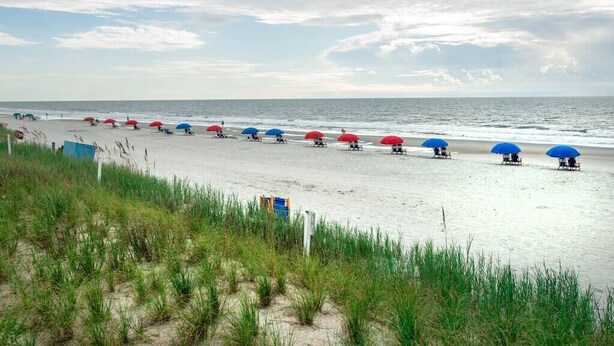 A beach with rows of beach umbrellas and chairs, a sandy shore, and a grassy area in the foreground. - 143 By the Sea * Gated Myrtle Beach Resort * 2/2 (Horry County)