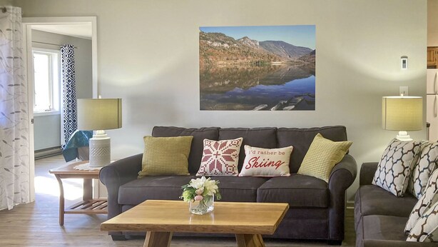 Een woonkamer met een donkerbruine bank, een houten salontafel met een bloevas, en een schilderij van een berglandschap erboven.
