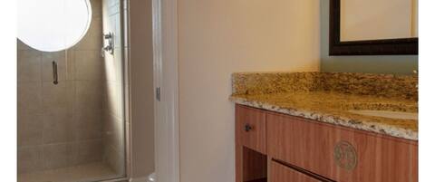 Hair dryer, towels, soap, shampoo