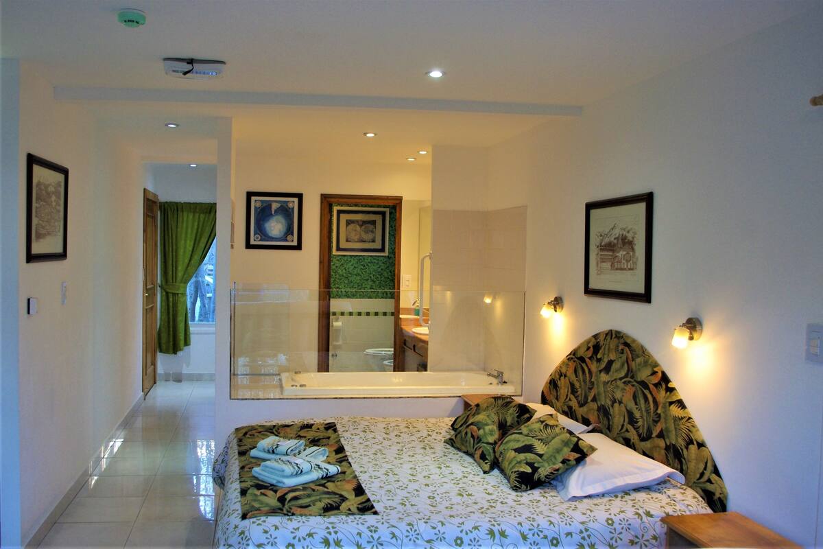 A bedroom with a bed, a bathroom with a bathtub, and a hallway leading to a balcony.