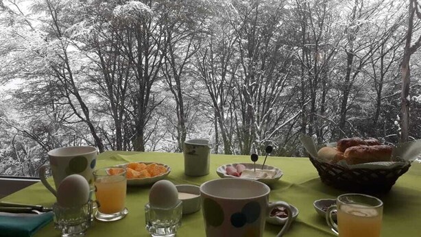 A breakfast table set with various dishes and drinks, overlooking a snowy forest. - Familia Piatti Suites (Ushuaia)