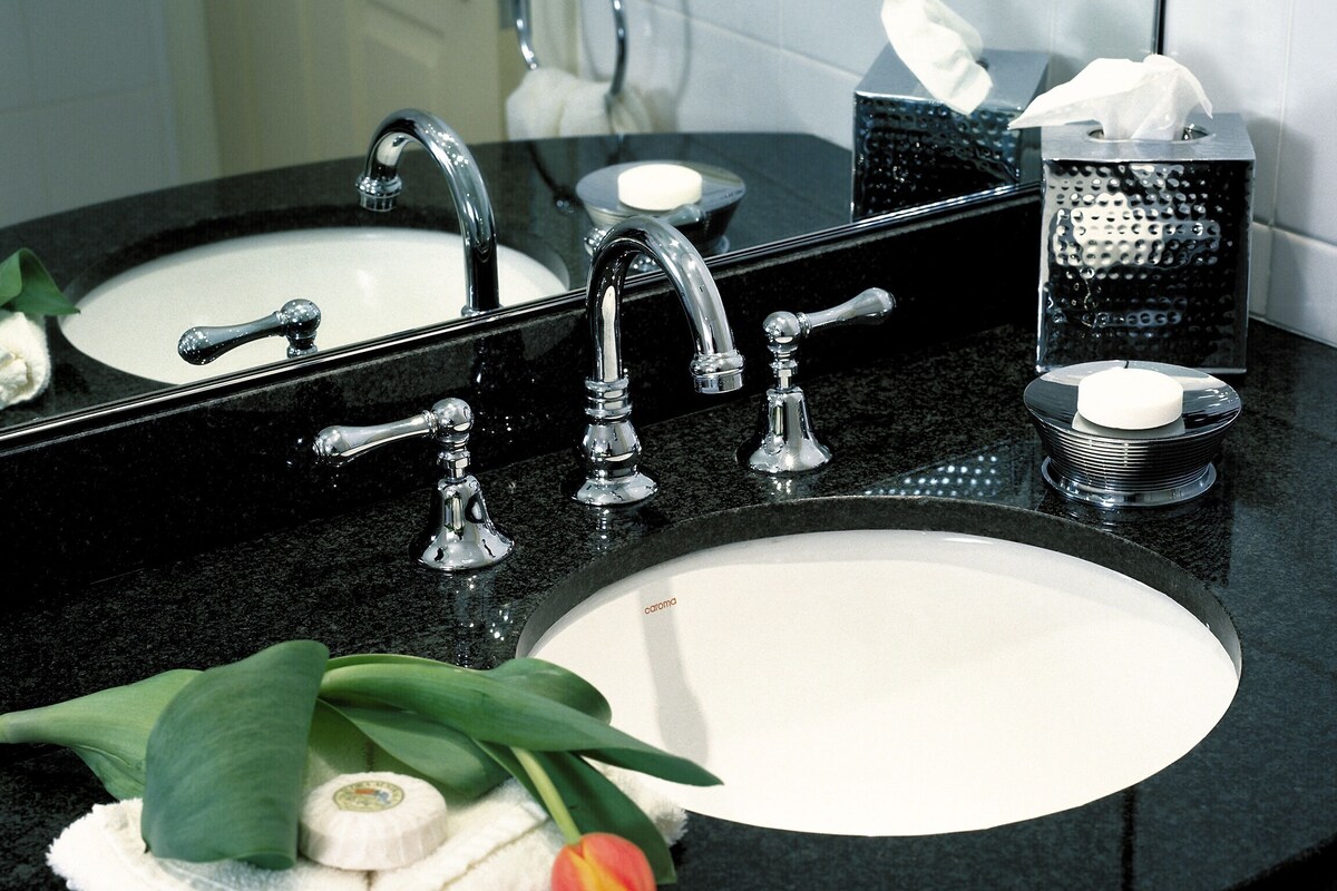 A bathroom with a double sink, a mirror, a towel, and a tissue box.