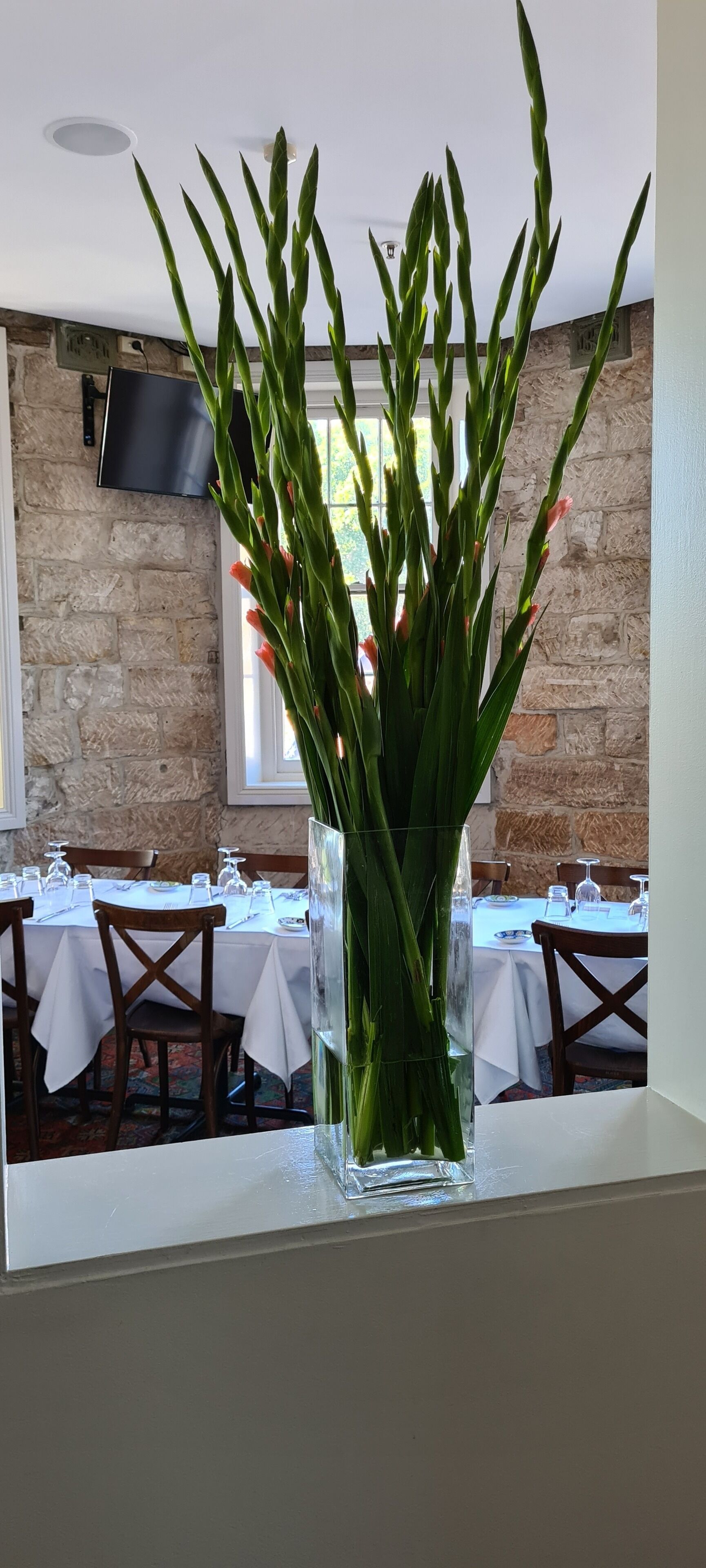 A dining area with tables set for service, a large vase with green foliage, and a stone wall in the background.