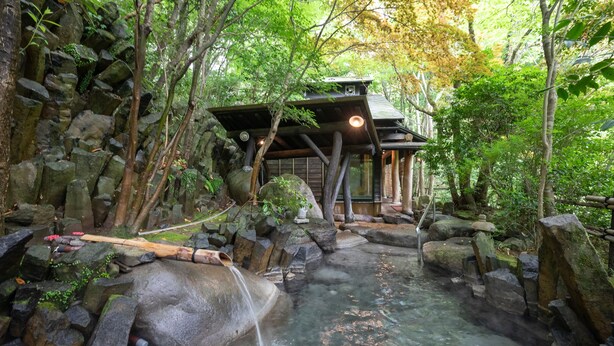 A traditional Japanese-style building with a wooden structure and a stone pathway leading to a small waterfall. - Sanso Tensui (Hita)