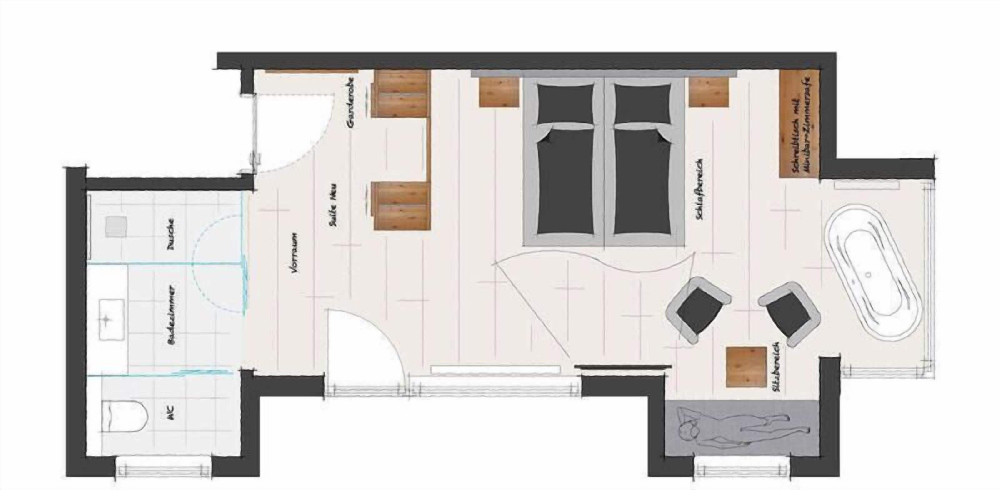 A floor plan of a hotel room with a bed, a desk, a chair, a small table, a sofa, and a bathroom.