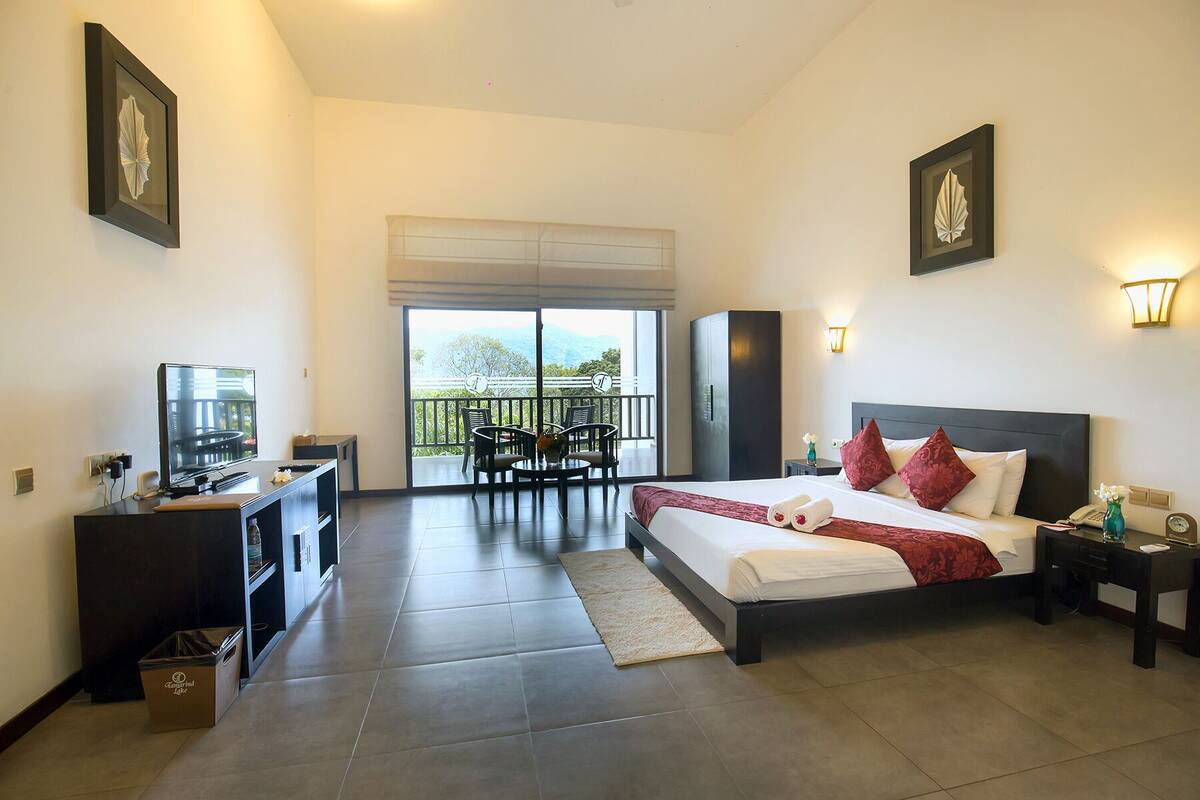 A hotel room with a bed, a desk with a TV, a balcony with chairs, and a view of the outdoors.