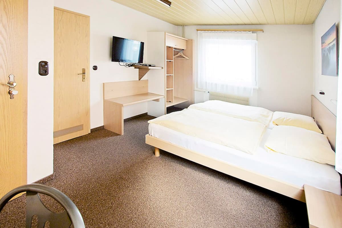 Une chambre à coucher avec un lit, une télévision, une armoire et un bureau.