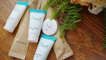 Dusch, regndusch, gratis toalettartiklar och bidé