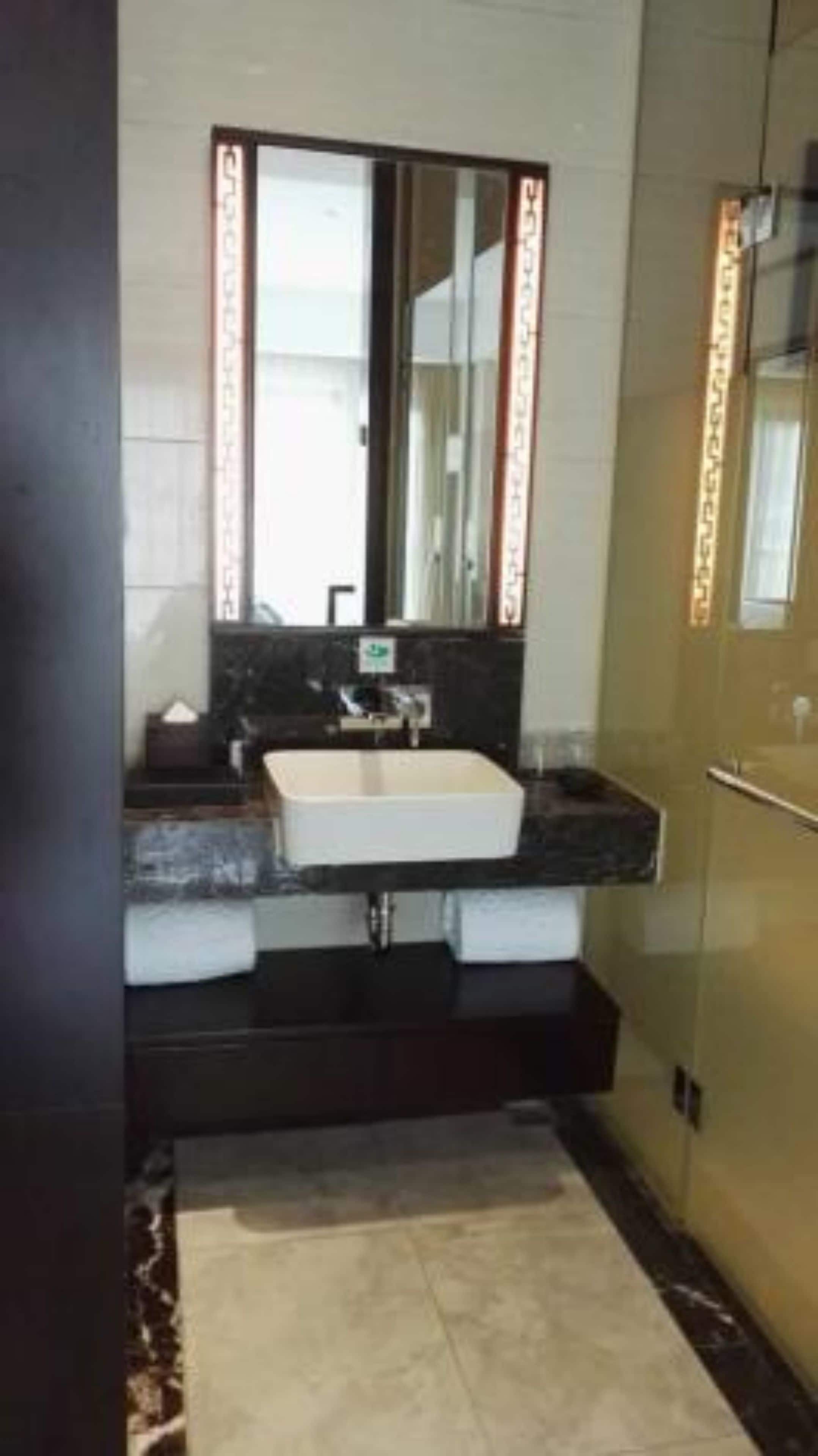 Une salle de bain moderne avec un grand miroir, un lavabo blanc et des plans de travail de couleur foncée.