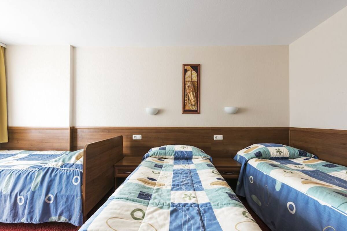 A room with two single beds, a wooden headboard, a wall-mounted light fixture, and a framed artwork above the beds.
