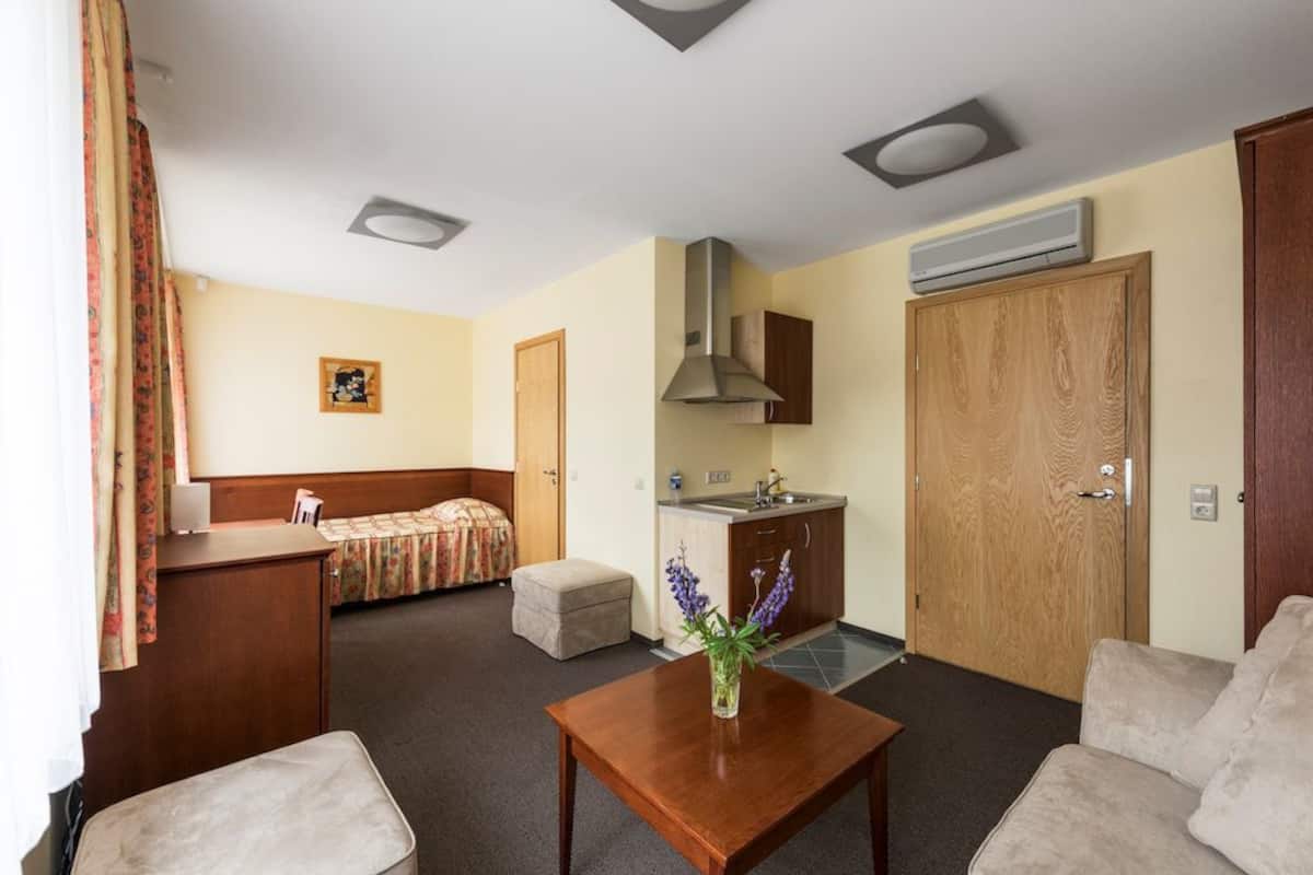 A hotel room with a bed, a kitchenette, a dining table with a vase, and a sofa.