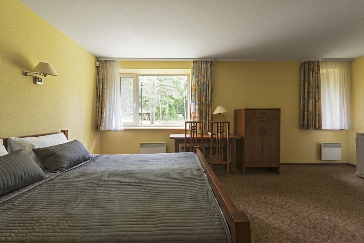 A hotel room with a bed, a desk, and a wardrobe.