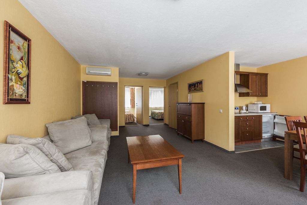 A compact living space with a sofa, a wooden table, a kitchenette, and a door leading to another room.