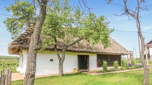 A rustic house with a thatched roof, surrounded by trees and a well-maintained lawn. - Ferienhaus Deutsch Schuetzen (Deutsch Schützen)