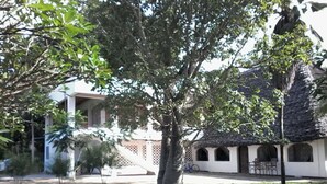 A courtyard with a large tree, a white building with arches, and a thatched-roof structure. - Cooke Villa (Mtwapa)