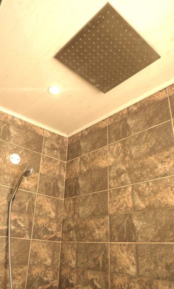 A shower area with a square ceiling showerhead and a handheld showerhead. - The Courtyard at Vanga (Nairobi)