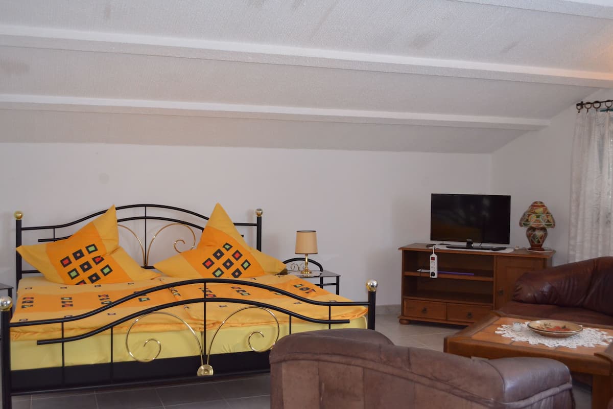 Un dormitorio con cama, televisión, lámpara y sofá de cuero.