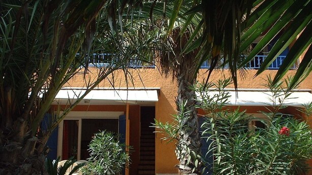 A building with a yellow facade, a covered entrance, and a small garden with palm trees and potted plants. - T2 MEZZANINE + TERRACE SAINT CYPRIEN BEACH (Saint-Cyprien Plage)