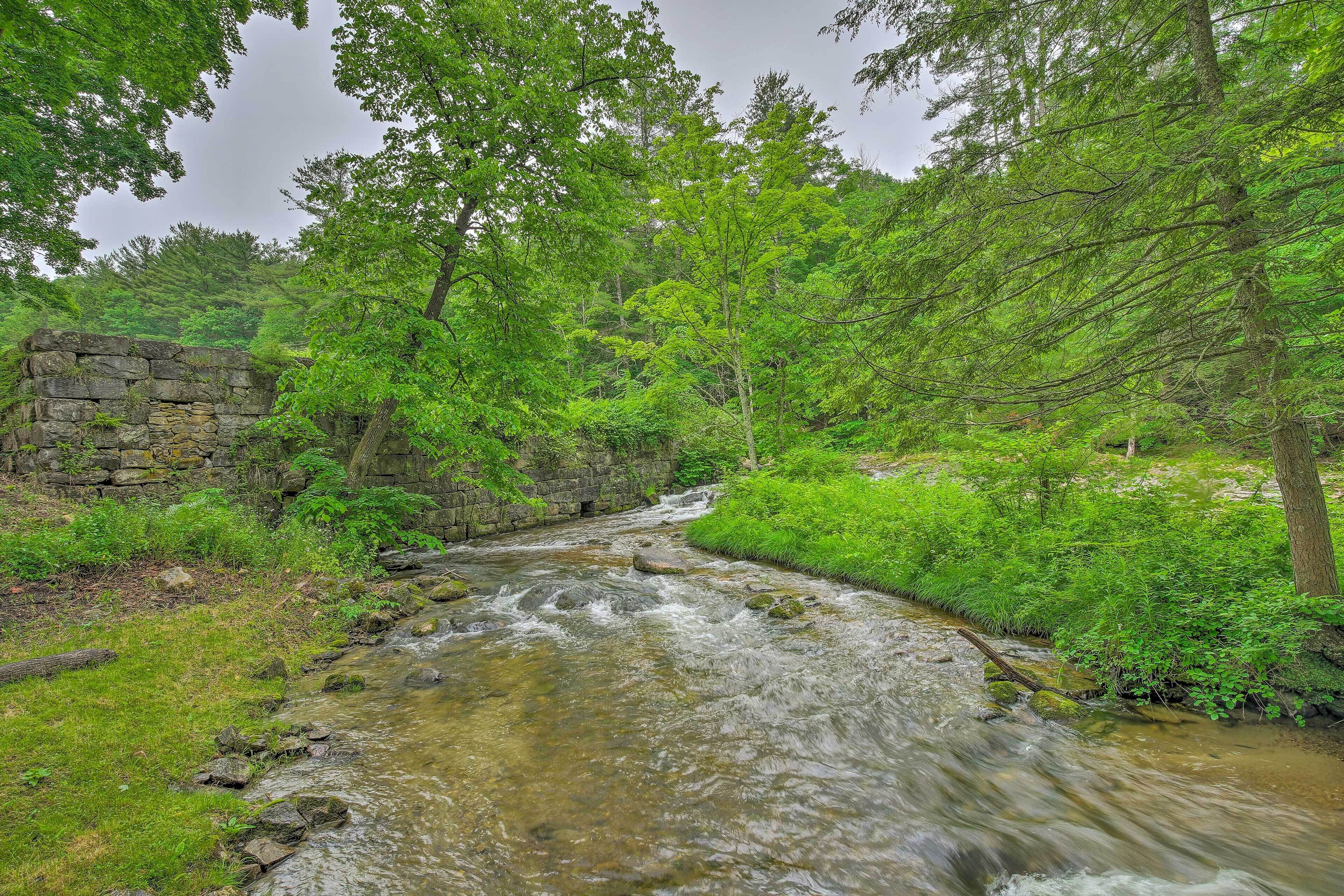 A stream flowing through a forested area with a stone wall on one side.