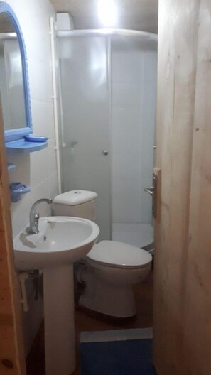Shower, hair dryer, towels, shampoo