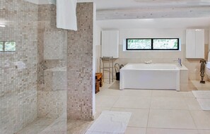 Combined shower/bathtub, hair dryer
