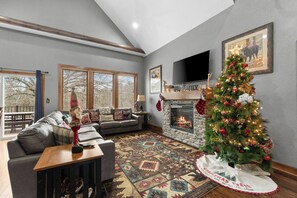 Smart TV, fireplace, foosball