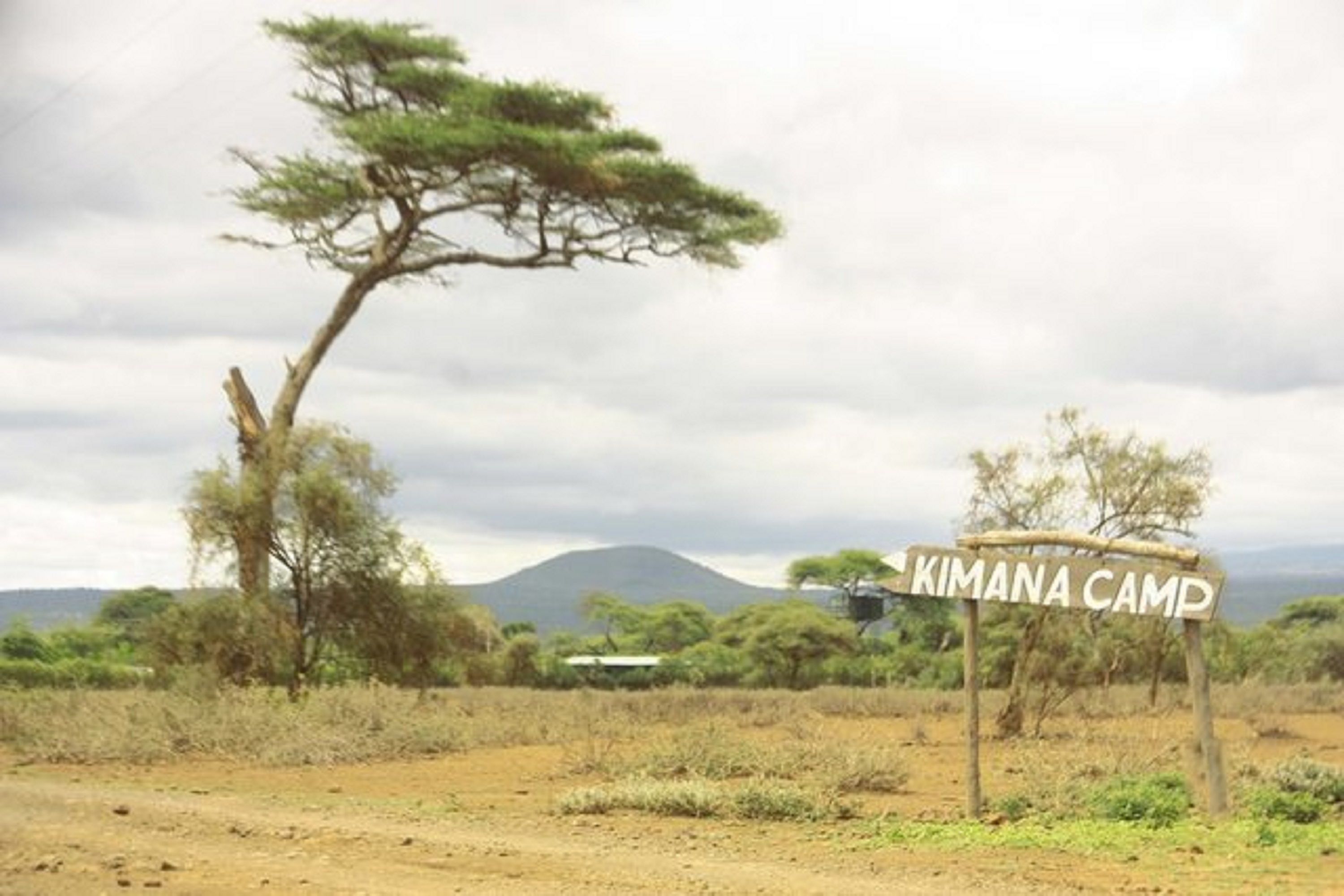 A sign for Kimana Camp in a natural landscape with sparse vegetation and a mountain in the background.