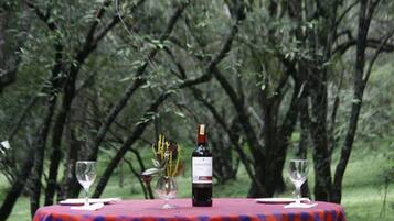Une table dressée à l’extérieur, avec une bouteille de vin et deux verres, entourée d’arbres.