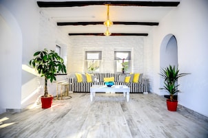Una habitación con un sofá blanco, una mesita de centro y dos plantas en macetas.
