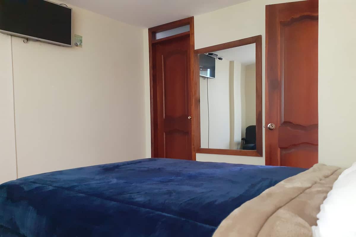 A bedroom with a bed, a wooden door, and a mirror.